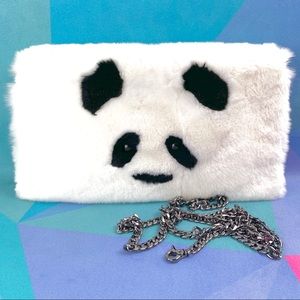 Panda bear face fur convertible crossbody clutch.